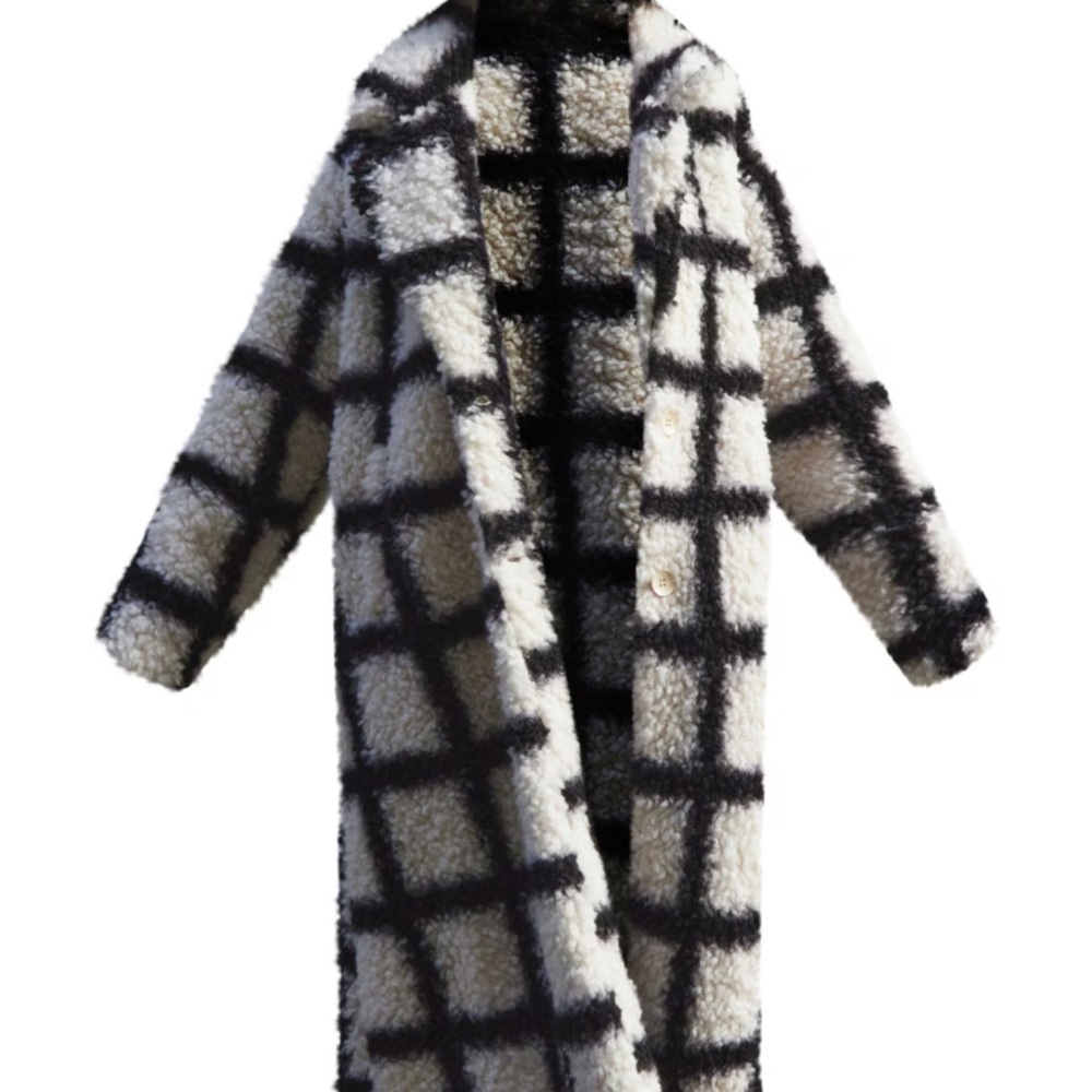 WHITE AND BLACK CHECKERBOARD FAUX SHEARLING COAT - BRAND NEW WITH TAG ON